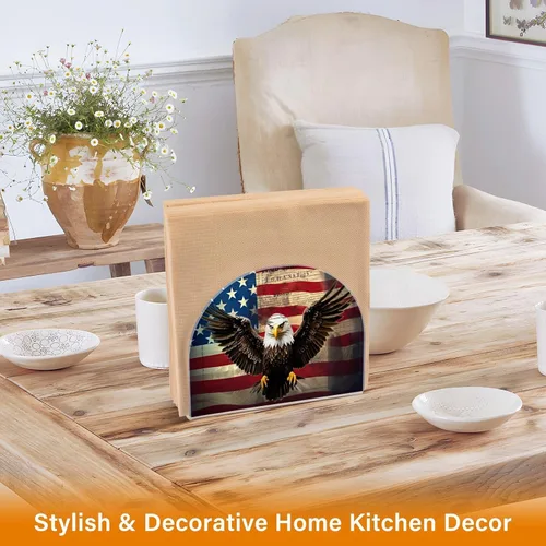 Vista 5 de Qilmy Servilletero con bandera estadounidense y águila para mesas, servilleteros para cocina, servilleteros de mesa, servilleteros de cóctel