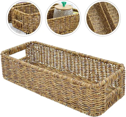 Vista 8 de BESTonZON Cesta de almacenamiento tejida de plástico de ratán para cubiertos de cocina, cesta de cubiertos, organizador de cajones de utensilios