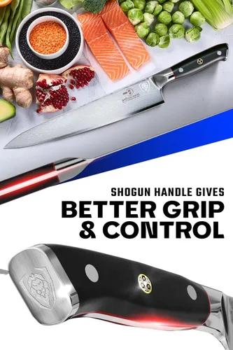 Vista 4 de Dalstrong Cuchillo de Chef - Hoja de 12 pulgadas de largo - Serie Shogun ELITE - Damasco - Cuchillo de cocina japonés AUS-10V Super Steel - Mango