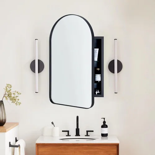 Vista 11 de Botiquín de baño empotrado en arco dorado cepillado con espejo de acero inoxidable con marco de metal rectangular con espejo de 16 x 28.3 pulgadas