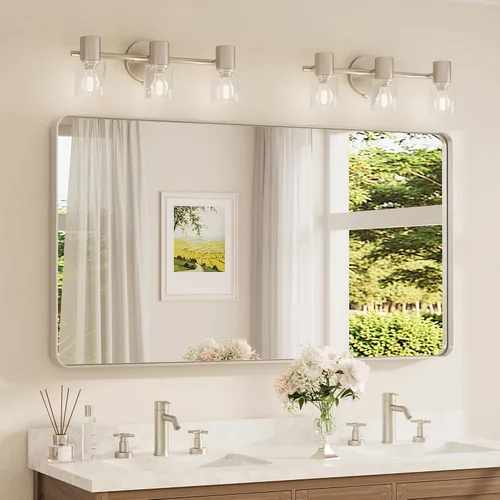 Vista 24 de TETOTE Espejo de marco dorado cepillado de 16 x 24 pulgadas, espejo de tocador de baño de latón dorado para pared, espejo enmarcado rectangular