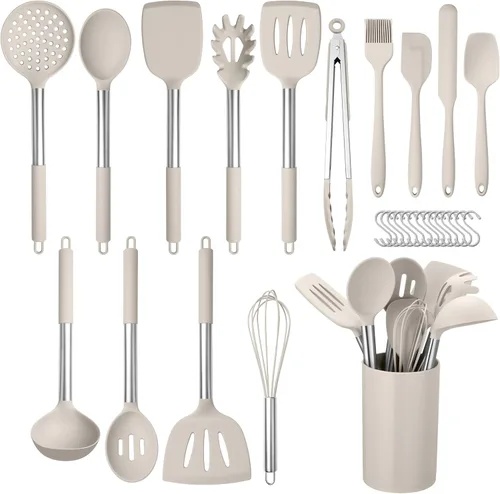 Vista 8 de HaWare Juego de 29 utensilios de cocina de silicona, resistentes al calor, con mango de acero inoxidable, juegos de espátula con soporte y ganchos