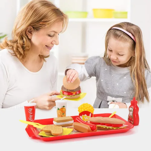 Vista 7 de Juego de comida de juego de simulación para niños, juego de comida rápida extraíble con bandeja, combo de hamburguesas, papas fritas, accesorios