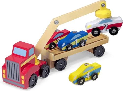 Vista 8 de Juego de camión remolque de vehículos Melissa & Doug magnético con 4 vehículos y 1 camión semirremolque, Estándar