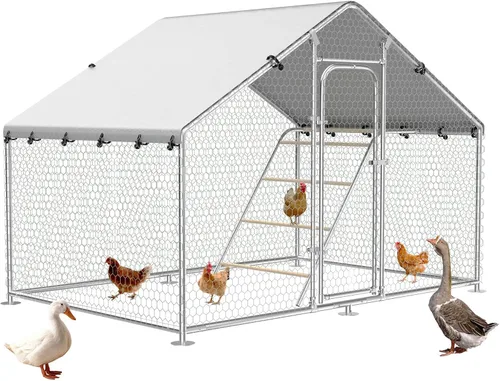 Gallinero de metal con paso, 10 x 5 x 6.4 pies, jaula para aves de corral al aire libre, perca mejorada, cubierta impermeable y antiultravioleta,