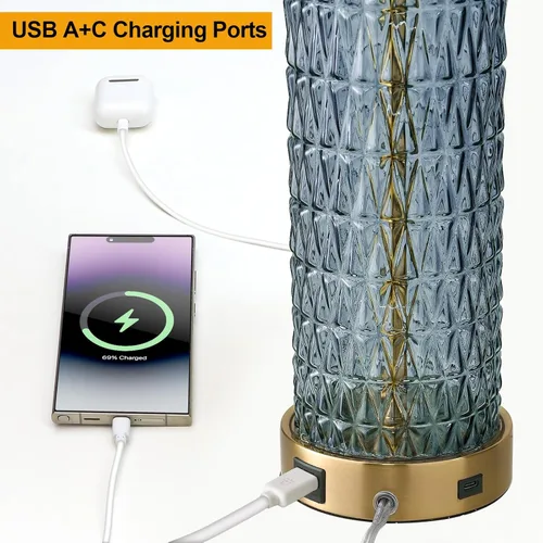 Vista 6 de Oneach Juego de 2 lámparas de mesa de 27.75 pulgadas, lámpara de noche moderna azul con luz nocturna LED, USB A+C, lámparas de vidrio para sala