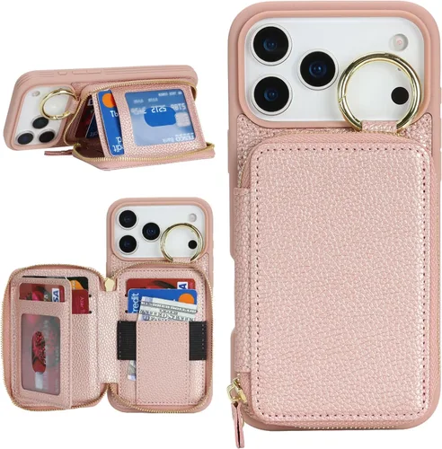 Vista 27 de Funda compatible con iPhone Air Wallet con tarjetero para iPhone Air, funda con cremallera y ranura para mujer, 5G de 6.5 pulgadas, color oro rosa