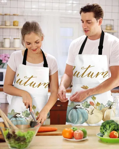 Vista 2 de Waterproof Apron with 2 Pockets, Thanksgiving Fall Pumpkin Watercolor Adjustable Man and Women Kitchen Bib Apron for Baking Cooking Restaurant BBQ