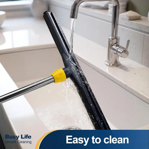 Vista 5 de Yocada Escoba de piso con rasqueta telescópica ajustable de mango de espuma EVA para garaje, patio, ducha, baño, piso de mármol, azulejos de vidrio