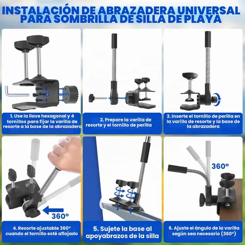 Vista 6 de Sombrilla de playa, paquete de 2 paraguas para silla de 48.7 pulgadas con abrazadera ajustable de 360°, protección UV, sombrilla grande para silla