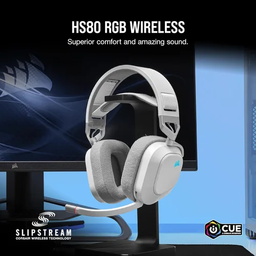 Vista 2 de CORSAIR Auriculares multiplataforma inalámbricos HS80 RGB para juegos, Dolby Atmos, diseño ligero y cómodo, micrófono de calidad de transmisión