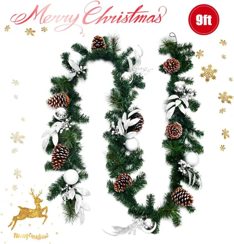 Vista 3 de GOFLAME Guirnalda de decoración navideña de 9 pies, ratán de Navidad preiluminado con 50 luces LED, conos de pino, bolas y hojas plateadas