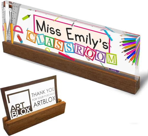Vista 41 de Artblox - Placa de nombre personalizada para escritorio con soporte para tarjetas de presentación en cristal acrílico transparente, diseño de flores