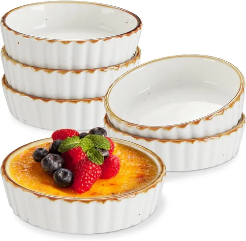 Ramekins de 119 ml de ONEMORE - Ramequines poco profundos aptos para horno con borde marrón para Crema Brulee - Moteados, estriado, juego de 6