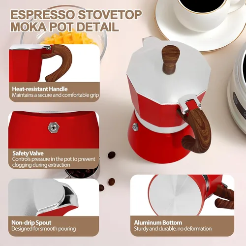 Vista 4 de Cafetera de aluminio con 3 tazas de 5.1 fl oz Moka Pot Express, estufa de café expreso, colorida cafetera italiana, estilo clásico, Greca Café, Rojo