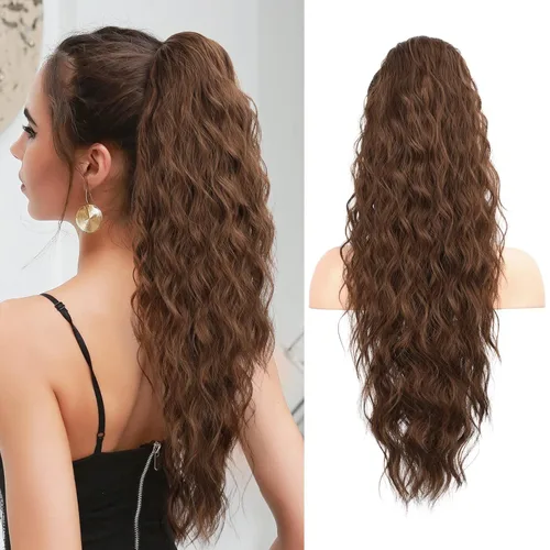 Vista 38 de FLUFYMOOZ Extensión de cola de caballo de 22 pulgadas, extensiones de cabello sintético ondulado largo y rizado para mujer