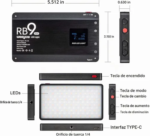 Vista 4 de Weeylite RB9 - Luz LED de video RGB portátil con control de aplicación, recargable 2500K-8500K 360° a todo color, 29 efectos de iluminación, panel