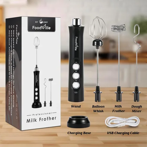 Vista 6 de FoodVille MF09 Espumador de leche recargable 3 en 1 Máquina de espuma de mano con soporte de carga y 3 batidores de acero inoxidable (negro sin caja)