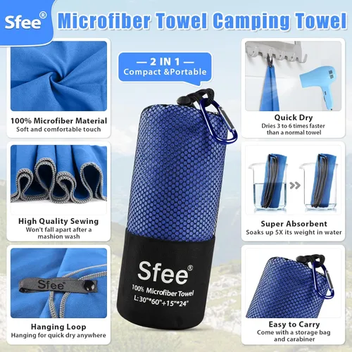 Vista 2 de Sfee Paquete de 2 toallas de viaje de microfibra, toalla de camping de secado rápido, súper absorbente, compacta, ligera, juego de toallas
