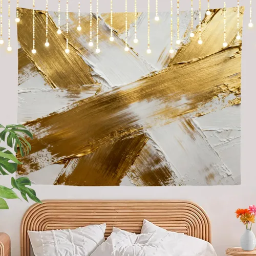Vista 7 de Shrahala Retro Paint Abstract Wall Tapestry, White Gold Oil Painted Rustic Wall Hanging Large Tapestry Decoration Polyester Fiber White Hem Around