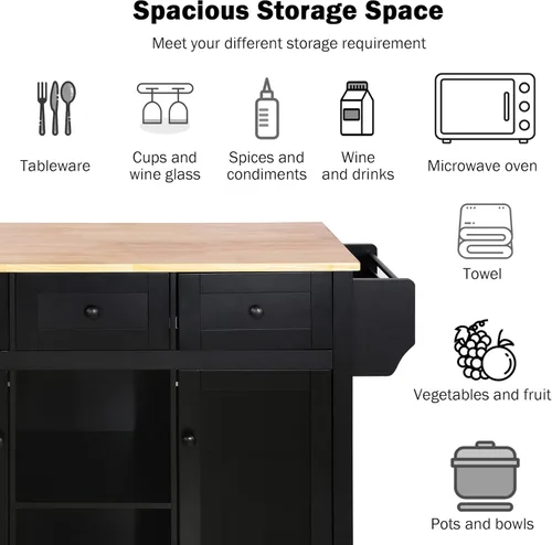 Vista 69 de P PURLOVE Carrito de isla de cocina con parte superior de madera y ruedas de bloqueo, carrito móvil de isla de cocina con armario de 4 puertas