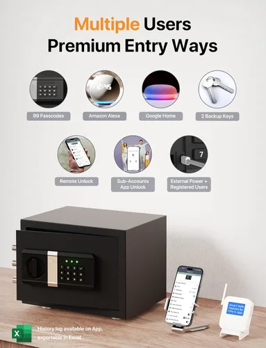 Vista 7 de FORFEND Smart Home Safe Caja fuerte WiFi con bloqueo de aplicaciónalarma Comando de voz, alarma de secuestro, detección de manipulaciones, modo