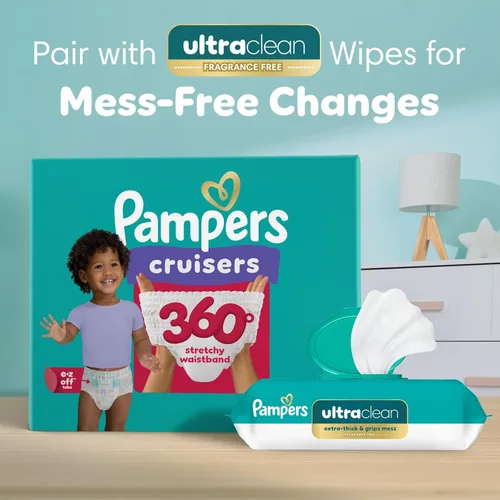 Vista 10 de Pampers Pull On Cruisers - Pañales desechables para bebé, ajuste de 360°, talla 3, suministro de un mes (168 unidades) con toallitas para bebé