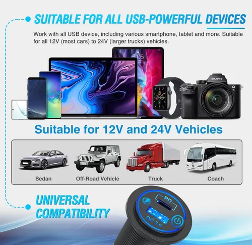 Vista 8 de Nilight 2 Pack PD Type C y QC 3.0 Panel de toma rápida USB con interruptor táctil LED ON Off, kit de cable fundido para coches, camiones