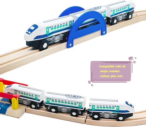 Vista 4 de Set de Accesorios de Pista de Tren de Madera de Bala de Alta Velocidad, Juguetes de Tren de Ciudad Compatibles con Pista de Tren de Madera