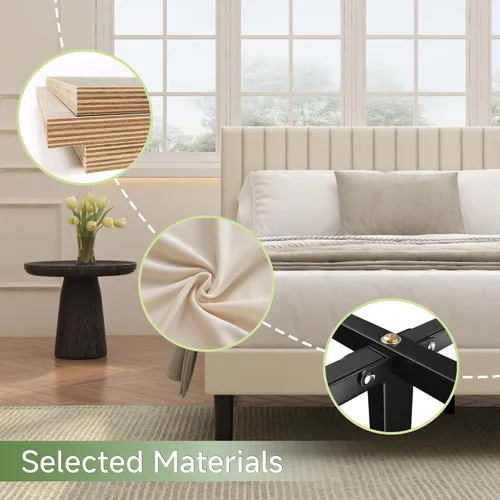 Vista 5 de Marco de cama de terciopelo con cabecera capitoné de canal vertical, color beige Upholstered Platform Bed, No Box Spring Needed, Noise-Free