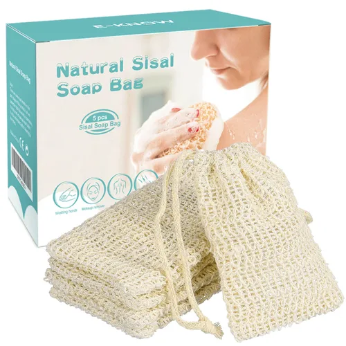 Vista 7 de E-Know Bolsa de jabón, paquete de 5 protectores de jabón de sisal natural, red de jabón sin plástico sin residuos, espuma y secado del jabón
