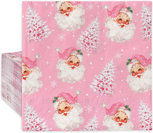 Paquete de 80 servilletas desechables de Navidad de Papá Noel y árbol de Navidad, servilletas desechables de papel de Navidad para Navidad Santa Rosa