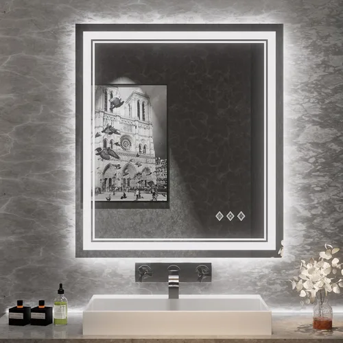 Vista 12 de Espejo LED, 20 x 28 pulgadas, gradiente frontal y retroiluminado LED, espejo de baño LED de 3 colores regulables CRI>90, IP54, espejo de baño
