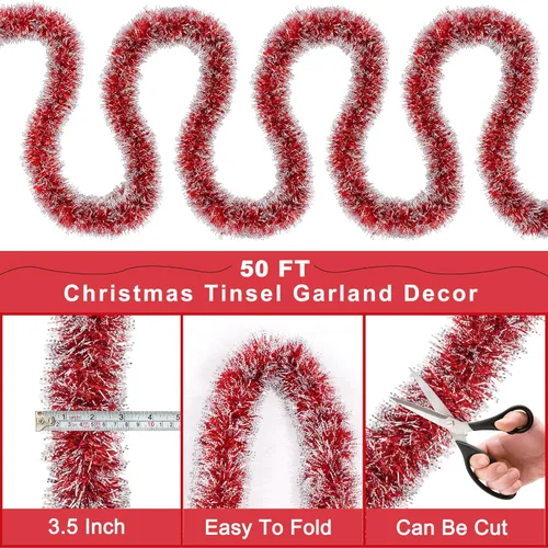 Vista 2 de Guirnalda de oropel de Navidad roja y blanca de 50 pies, guirnaldas de Navidad con giro metálico para decoración de árbol de Navidad, guirnaldas