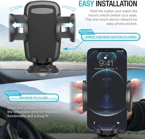 Vista 2 de Soporte de teléfono para parabrisas de automóvil, tablero de instrumentos con brazo extensible (paquete de 2), soporte universal para teléfono