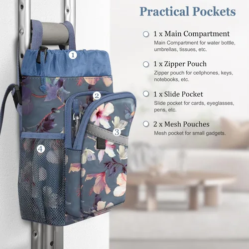 Vista 5 de FINPAC Bolsa de accesorios para muletas, organizador de almacenamiento resistente al agua, con soporte para bebidas y bolsa con cremallera