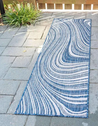 Unique Loom colección moderna para exteriores - Alfombra de área para piscina (2 pies x 6 pies 1 pulgada alfombra de pasillo, color azul/marfil)