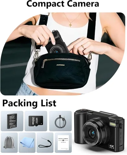 Vista 7 de Cámara digital 4K para fotografía, cámara de vlogging de 64 MP para YouTube con pantalla abatible de 180°, cámara de video de enfoque automático UHD