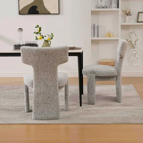 Vista 6 de Modern Upholstered Chenille Dining Chair Set of 2, Armless Curved Back Accent Chairs with Rubberwood Legs in White/Black, Foam Padded for Living