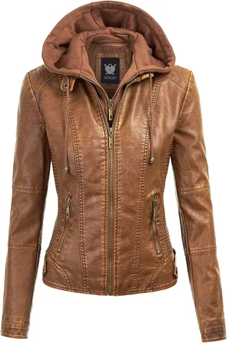 Vista 15 de Lock and Love Chaqueta Abrigo de Moto Motociclista de Piel Sintética para Mujer con Capucha Extraíble o No Extraíble Wjc877l_camel