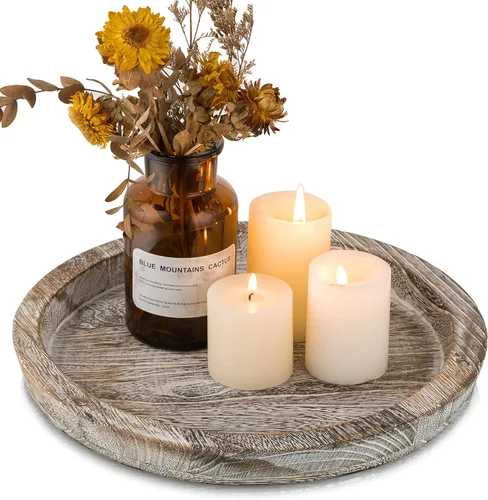 Vista 11 de Hanobe Bandeja portavelas: Plato decorativo redondo de madera para velas – Decoración rústica de mesa de café de granja – Bandejas de pilar de velas