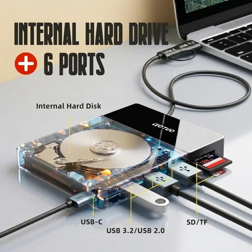 Vista 3 de YOTUO Disco Duro Externo de 1TB, Hub Multipuerto USB C HDD 7 en 1, USB 3.0, Lector de Tarjetas SD/TF, Estación de Acoplamiento, Disco Duro