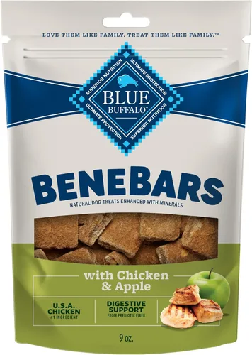 Blue Buffalo BeneBars - Golosinas de apoyo digestivo para perros con fibra prebiótica, hechas con ingredientes naturales, pollo y manzana de EE.