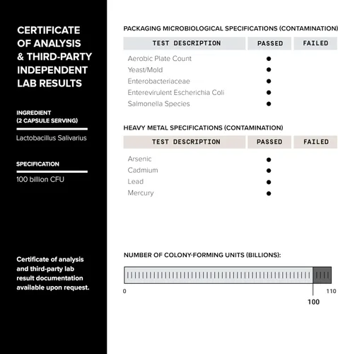 Vista 4 de Toniiq 100 mil millones de UFC Lactobacillus Salivarius Probiótico Recuento de UFC verificado más alto – Probado en laboratorio de terceros