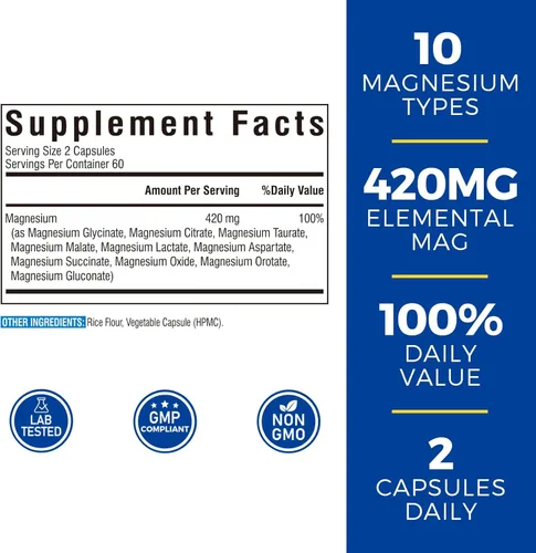 Vista 6 de Suplemento de inositol 120 cápsulas y complejo de magnesio 10 en 1, 120 cápsulas