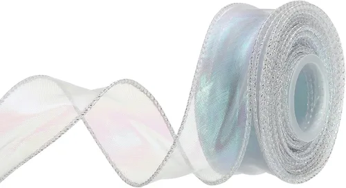 Vista 29 de MECCANIXITY Cinta de Organza Transparente con Alambre Brillante de 2 3/8" de Ancho, Cintas de Gasa Iridiscente Pastel de 3 Yardas Color Beige