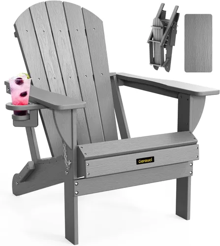Vista 17 de Silla Adirondack Plegable, Sillas Adirondack de Plástico con Textura de Madera con 2 Portavasos, Silla para Hoguera de HDPE Resistente a
