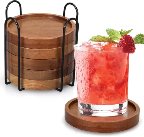 Vista 8 de 4 posavasos de madera de granja con soporte, lindo juego de posavasos de madera para bebidas al aire libre, decoración del hogar, decoración de mesa