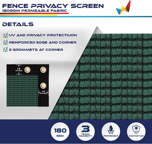 Vista 3 de Windscreen4less Valla de privacidad resistente 98% de bloqueo verde sólido 4 x 1 pies ojales de latón con 3 años de garantía 180 GSM