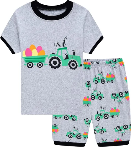 Vista 9 de Pijamas para niños, 100% algodón, 2 piezas, manga corta, conjunto de ropa de dormir de verano para niños, 3t-10t 01 Gris/Estampado De Excavadora